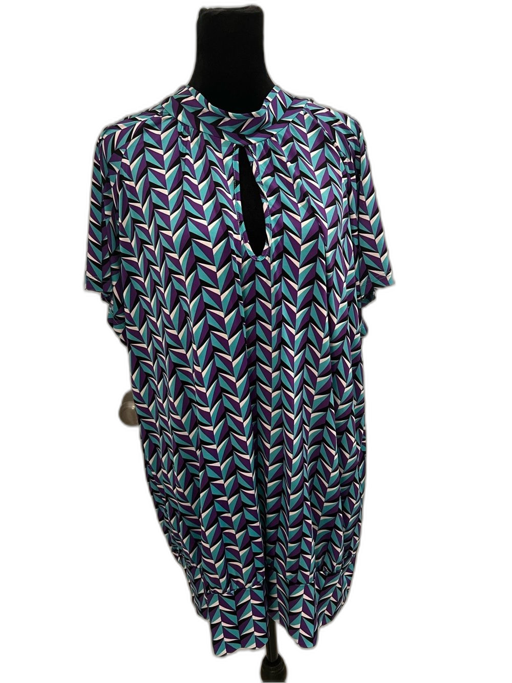 Ashley Stewart 22/24 Geometric Print Keyhole Tunic Blouse Purple Teal